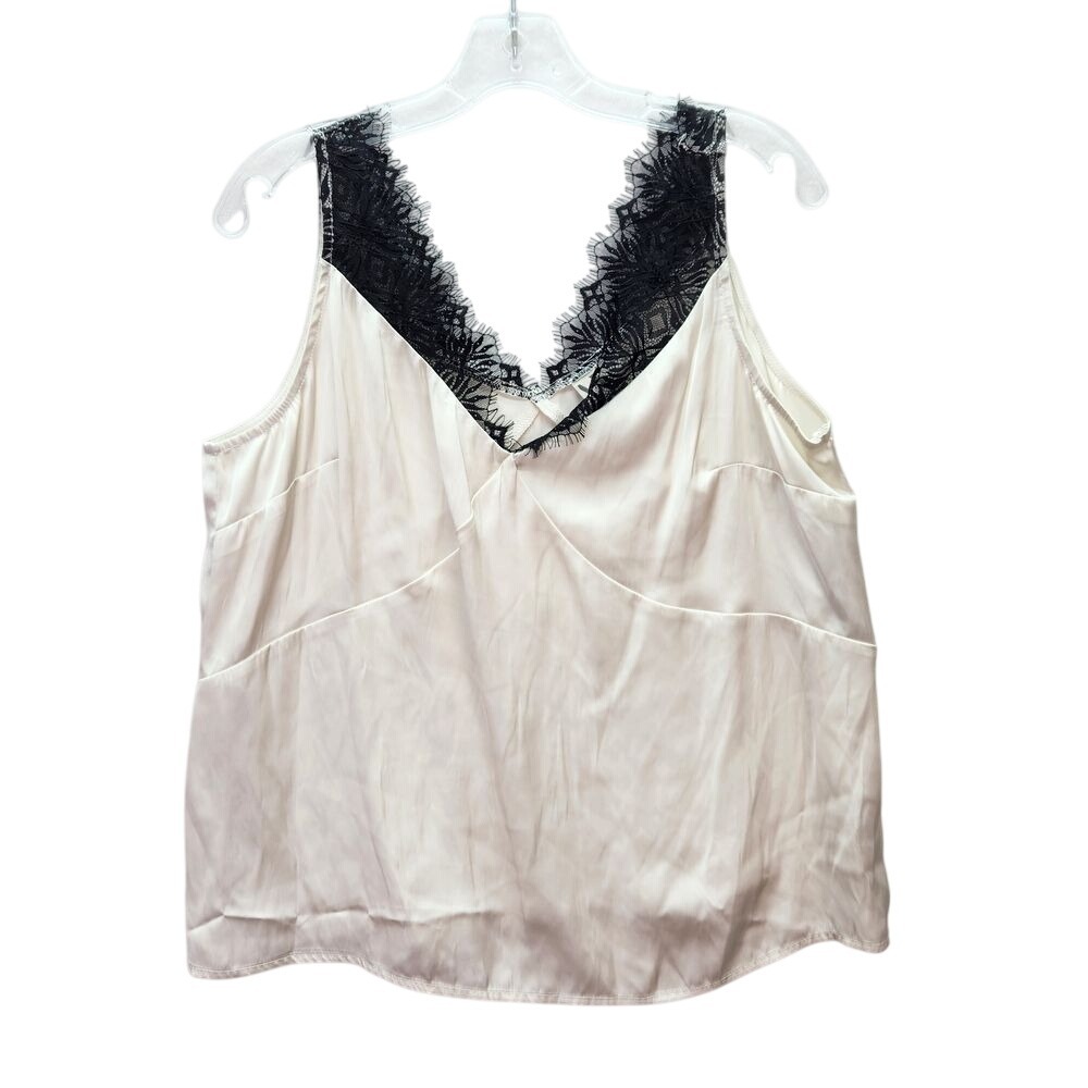 Worthington Ivory Satin Camisole Black Lace Trim Tank Size L Retro 90s Festival
